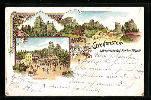 Lithographie Ehrenfriedersdorf bei Thun /Erzgeb., Greifenstein und Hotel Greifenstein mit Gästen