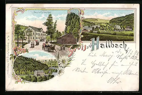 Lithographie Hallbach, Ortsansicht und Seyferts Gasthof mit Strasse