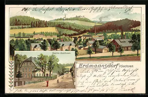 Lithographie Erdmannsdorf /Sa., Gesamtansicht, Knorrs Gasthaus mit Strasse