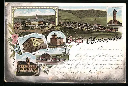 Lithographie Oberwiesenthal, Ortsansicht, Markt, Hotel Stadt Carlsbad, Bahnhof