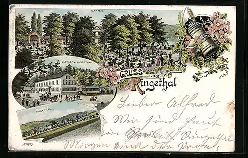 Lithographie Ringethal, Ortsansicht, Gasthof zu Ringethal mit Gästen im Garten