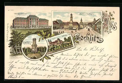 Lithographie Rochlitz, Markt mit Rathaus, Seminar, Aussichtsturm auf dem Berge