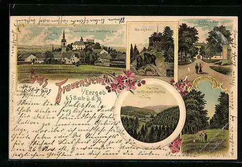 Lithographie Frauenstein /Erzgeb., Ortsansicht vom Sandberg, Lärchen-Allee, Zeisigstein