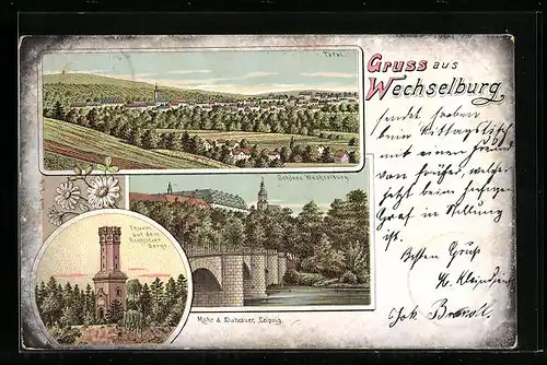 Lithographie Wechselburg, Totalansicht, Schloss, Turm auf dem Rochlitzer Berg