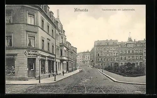AK Mittweida, Tzschirnerplatz mit Lutherstrasse und Drechslerei Arno Vogelsang
