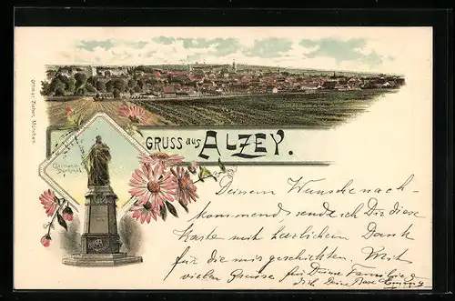 Lithographie Alzey, Panorama der Stadt, Germania-Denkmal