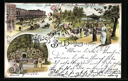 Lithographie Bad Homburg v. d. H., Kurhaus mit Strasse, Elisabethen-Brunnen mit Anlagen