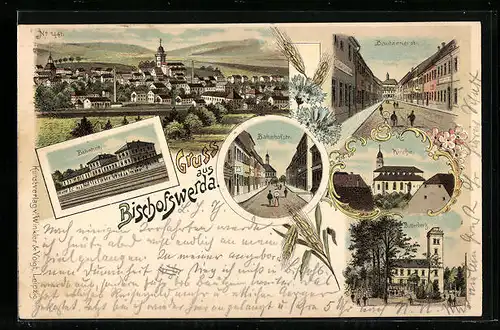 Lithographie Bischofswerda, Ortsansicht, Bahnhof, Bautzenerstrasse, Butterberg