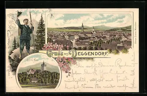 Lithographie Deggendorf, Teilansicht, Grüssender Wanderer, Schloss Egg
