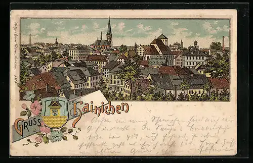 Lithographie Hainichen, Totalansicht mit Kirche