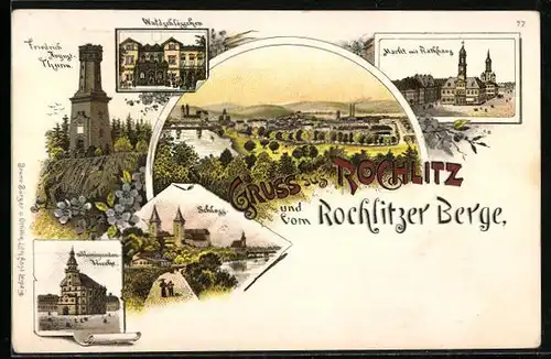 Lithographie Rochlitz, Schloss, Markt mit Rathaus, Waldschlösschen