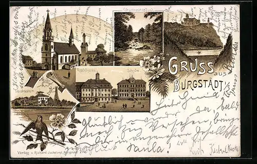 Lithographie Burgstädt i. S., Rathaus und Schule, Kirche, Taurastein