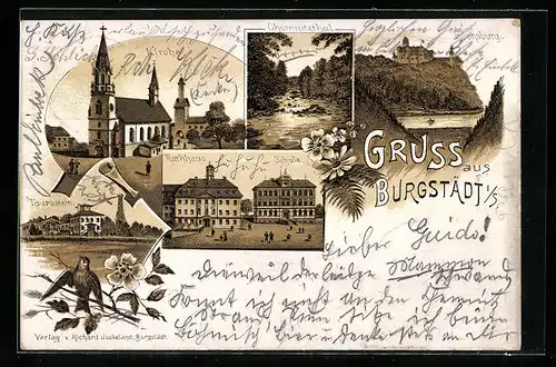 Lithographie Burgstädt i. S., Kirche, Rathaus, Rochsburg