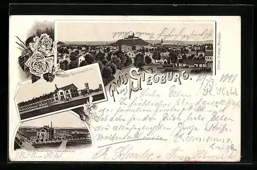 Lithographie Siegburg, Totalansicht mit Königl. Geschossfabrik, Königl. Feuerwerks Laboratorium