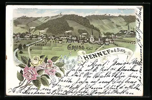 Lithographie Hennef a. d. Sieg, Ortsansicht von der Weingartsgasse aus gesehen