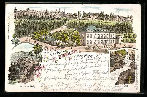 Lithographie Grünbach i. S., Gasthof Wendelstein, Rissfälle, Schwarzer Stein