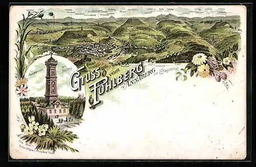 Lithographie Annaberg, Pöhlberg-Turm & Gasthaus, Panorama