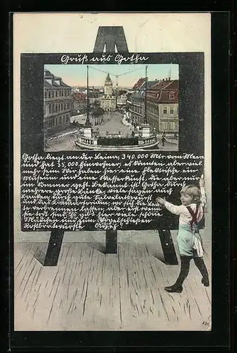 Schultafel-AK Gotha, Strassenpartie mit Gebäudeansicht