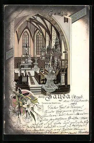 Lithographie Sayda i. Erzgeb., Inneres der Stadtkirche