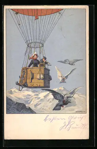 AK Frankfurt a. M., Internationale Luftschiffahrt Ausstellung 1909, Ballonfaher in den Bergen, Brieftauben, Ganzsache