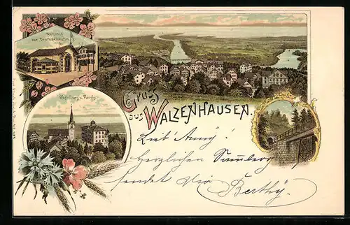 Lithographie Walzenhausen, Bahnhof zur Drahtseilbahn, Rheinburg und Kirche, Eisenbahnbrücke