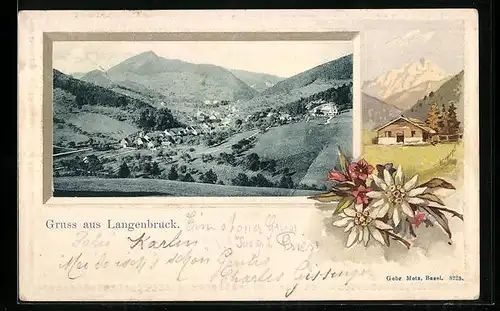 Präge-AK Langenbruck, Teilansicht, Alpenblumen, Passepartout