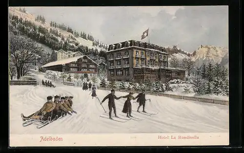 AK Adelboden, Hotel La Rondinella mit Skifahrern