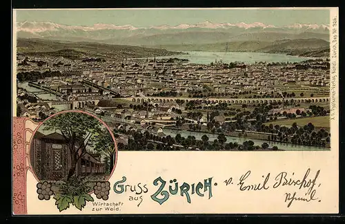 Lithographie Zürich, Gasthaus zur Weid, Teilansicht