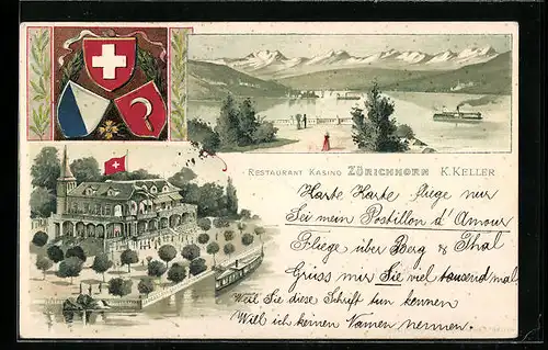 Präge-Lithographie Zürich, Restaurant Kasino Zürichhorn von K. Keller, Panorama, Wappen