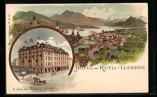 Lithographie Lucerne, Hotel du Rutli, Panorama