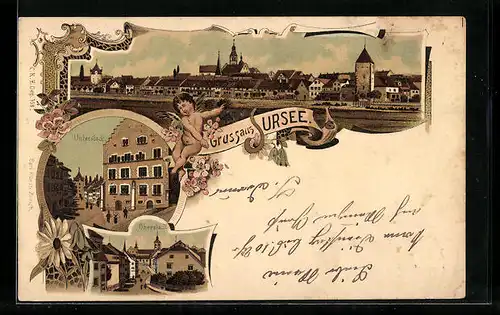 Lithographie Sursee, Teilansicht, Unterstadt, Oberstadt