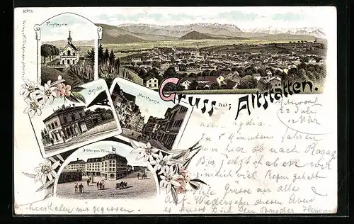 Lithographie Altstätten, Hotel drei Könige, Bahnhof, Forstkapelle