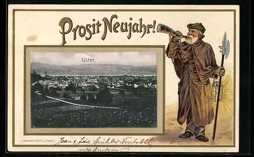 Präge-AK Uster, Teilansicht, Wächter mit Horn, Passepartout