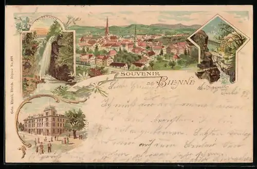 Lithographie Bienne, Gesamtansicht, Taubenloch, Ortspartie