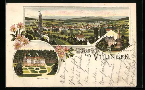 Lithographie Villingen, Kriegerdenkmal, Waldhotel, Totalansicht
