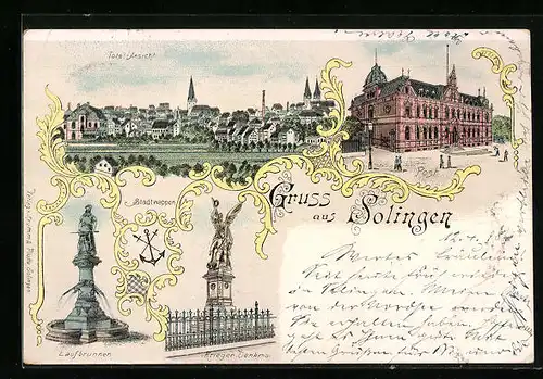 Lithographie Solingen, Totalansicht, Post und Laufbrunnen