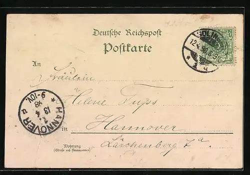 Lithographie Solingen, Totalansicht, Post und Laufbrunnen