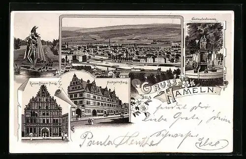 Lithographie Hameln, Rattenfängerhaus, Gertrudenbrunnen und Hochzeits-Haus