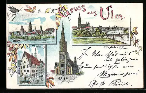 Lithographie Ulm, Ortsansichten mit Rathaus und Münster