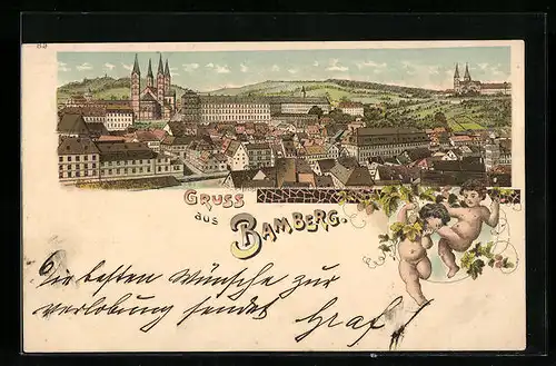 Lithographie Bamberg, Totalansicht, Zwei nackte Buben turnen an Weinranken