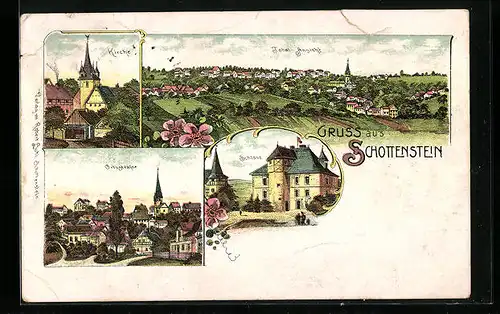 Lithographie Schottenstein, Totalansicht, Kirche und Schloss