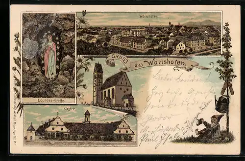 Lithographie Wörishofen, Kloster, Lourdes-Grotte, Gesamtansicht