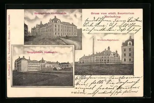 AK München-Harlaching, Städt. Sanatorium, Wirtschaftsgebäude und Hauptgebäude