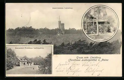AK Mainz, Restauration Forsthaus Ludwigshöhe, Aussichtsturm Leniaberg, Eremitage