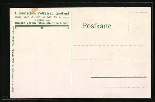 Künstler-AK Mainz, 1. Deutsches Volkstrachten-Fest 20.-25. Mai 1914, Gruppe aus dem Festzug, Spitze mit Herolder