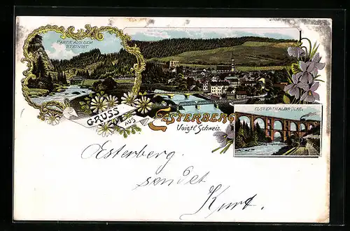 Lithographie Elsterberg, Ortsansicht, Elsterthalbrücke