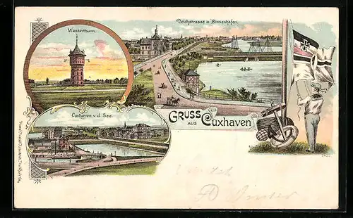 Lithographie Cuxhaven, Deichstrasse m. Binnenhafen, Wasserthurm