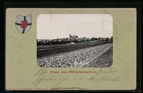 Präge-AK Münstermaifeld, Ortsansicht mit Wappen