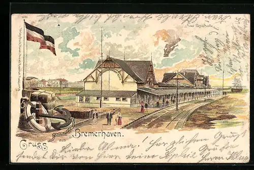 Lithographie Bremerhaven, Neue Lloydhalle mit Passanten