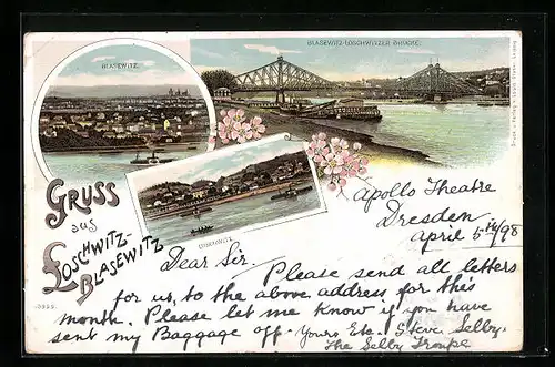 Lithographie Dresden-Blasewitz, Ortsansicht mit Brücke